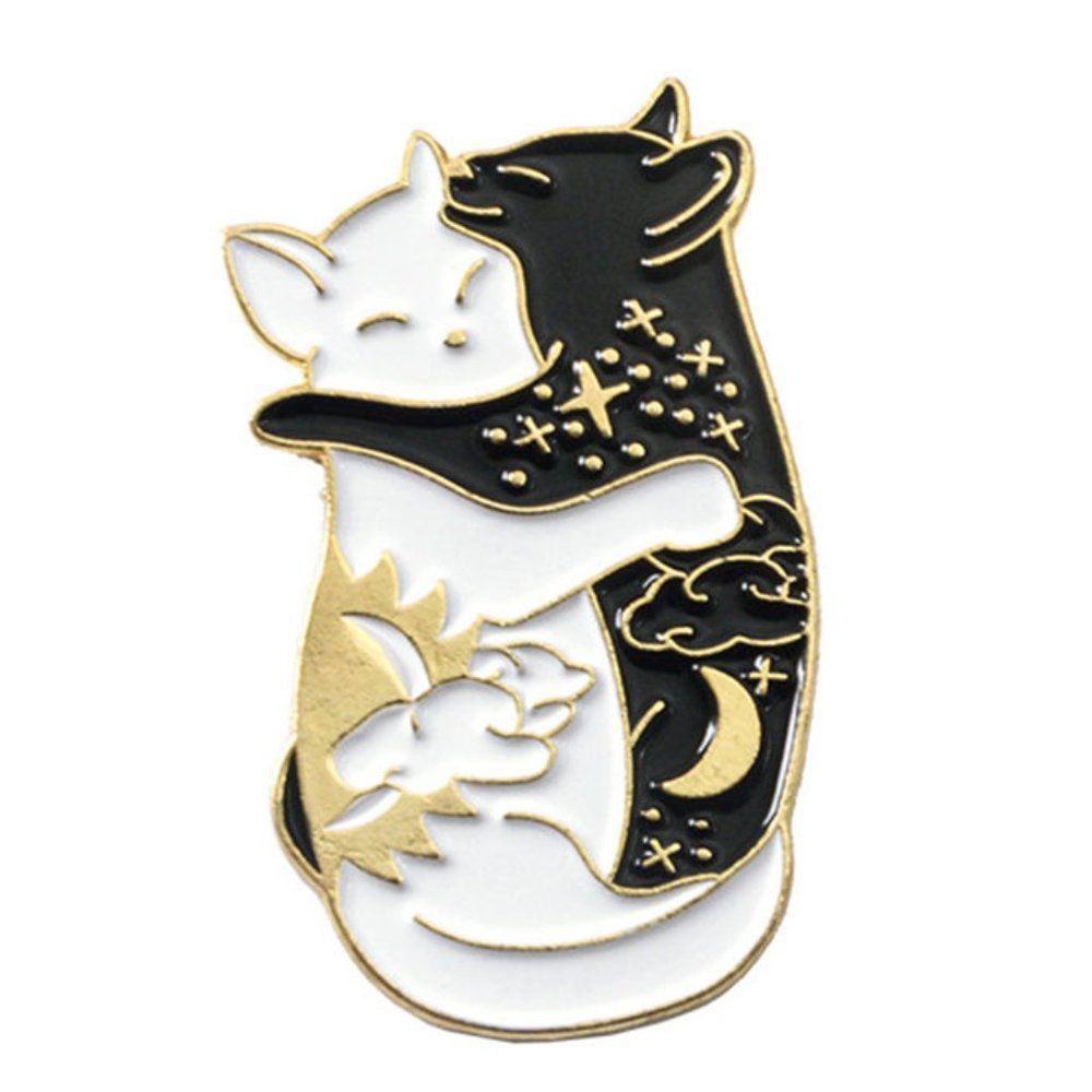 Metal and Enamel Black Moon & White Sun Cats Lapel Pin (New)